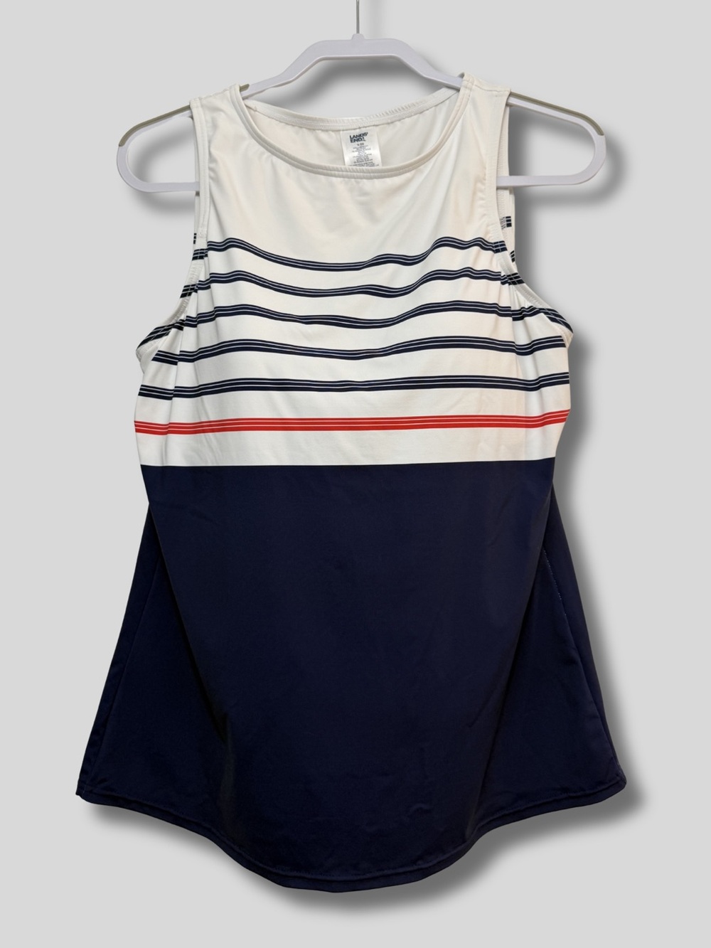 Lands' End White Tankini Top with Navy and Strips & Trim